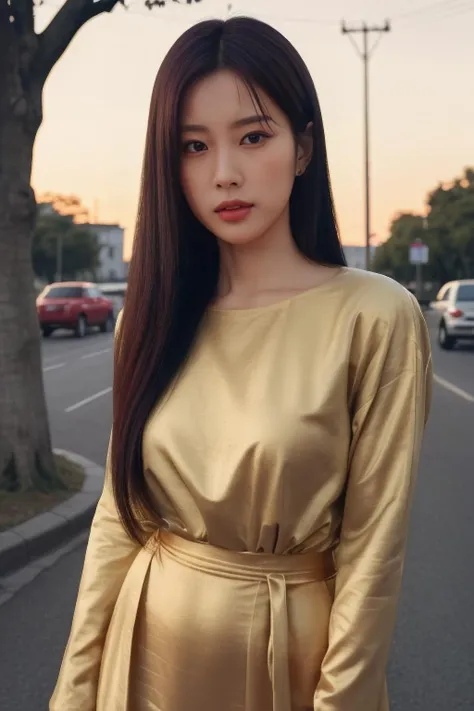danielle1 a woman, (realistic), (hyperrealism), (photorealistic), depth of field, adult, (upper body:1.2), (narrow waist), eye makeup, looking at the viewer, posing for a photo, longsleeves, golden hour, sunset, at the street, trees, <lora:httpdanielle:1:lbw=FACES>