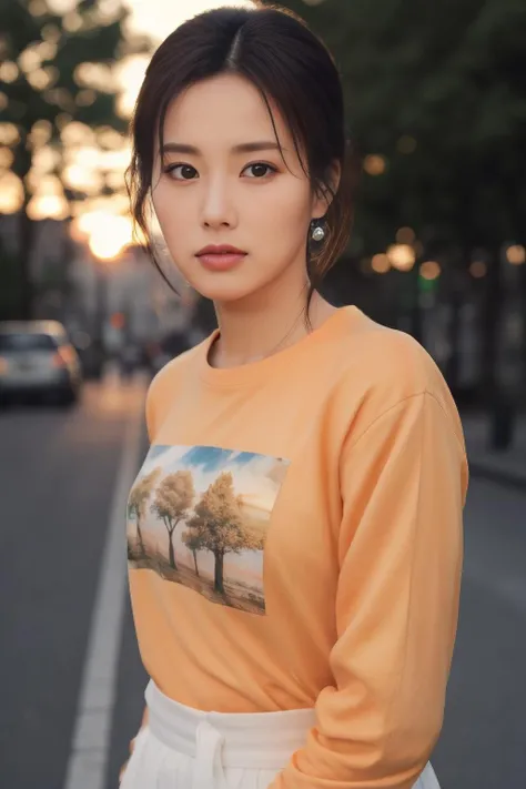 khw1 a woman, (realistic), (hyperrealism), (photorealistic), depth of field, adult, (upper body:1.2), (narrow waist), eye makeup, looking at the viewer, posing for a photo, longsleeves, golden hour, sunset, at the street, trees, <lora:httphyewon:1:lbw=FACES>