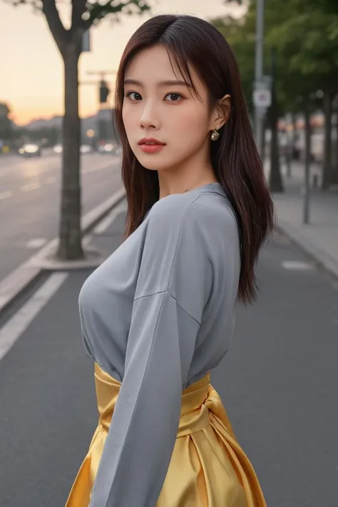 khw1 a woman, (realistic), (hyperrealism), (photorealistic), depth of field, adult, (upper body:1.2), (narrow waist), eye makeup, looking at the viewer, posing for a photo, longsleeves, golden hour, sunset, at the street, trees, <lora:httphyewon:1:lbw=FACES>