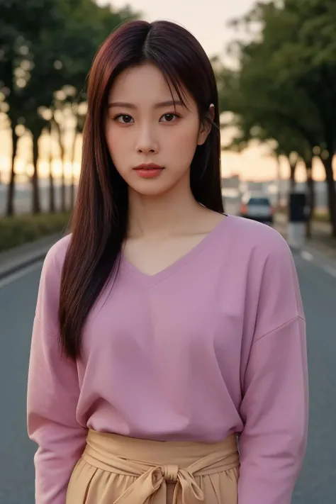hyewonv2 a woman, (realistic), (hyperrealism), (photorealistic), depth of field, adult, (upper body:1.2), (narrow waist), eye makeup, looking at the viewer, posing for a photo, longsleeves, golden hour, sunset, at the street, trees, <lora:httphyewonv2:1:lbw=FACES>