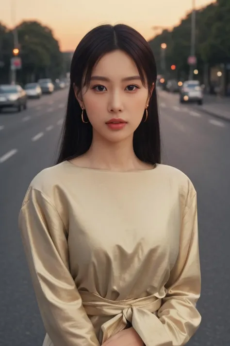 hyewonv2 a woman, (realistic), (hyperrealism), (photorealistic), depth of field, adult, (upper body:1.2), (narrow waist), eye makeup, looking at the viewer, posing for a photo, longsleeves, golden hour, sunset, at the street, trees, <lora:httphyewonv2:1:lbw=FACES>