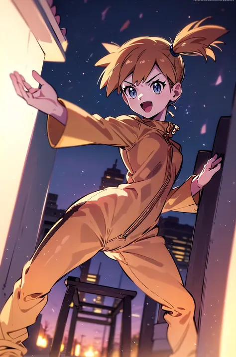 ((masterpiece,best quality, detailed)), 1girl, solo, outdoors, night, standing, from below, fighting stance, open mouth, smile,
misty \(pokemon\), side ponytail, bruceleejumpsuit