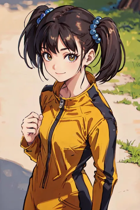 bruceleejumpsuit, from above, dynamic ungle, (best quality, masterpiece, RAW photo,ultra-detailed:1.2), <lyco:GoodHands-beta2:1.0>,1girl,solo,looking at viewer,smile <lyco:BruceLee's_JumpsuitV1[bruceleejumpsuit]:0.85> fighitng,  nature, <lyco:DQ3FIGHTER:0.7>fighter \(dq3\), twintail, shair bobbles