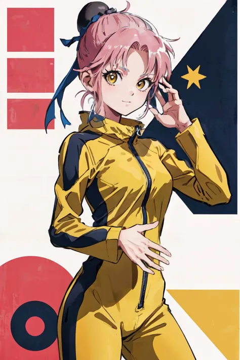 bruceleejumpsuit, dynamic ungle, (best quality, masterpiece, RAW photo,ultra-detailed:1.2), <lyco:GoodHands-beta2:1.0>,1girl,solo,looking at viewer,smile <lyco:BruceLee's_JumpsuitV1[bruceleejumpsuit]:0.85>   nature, <lyco:maamDragonQuestThe_v10:0.7>maam, dragon quest,short hair, pink hair, (bun cover,:1.1), yellow eyes, ribbon,