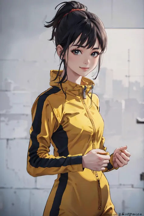 (best quality, masterpiece, RAW photo,ultra-detailed:1.2), <lyco:GoodHands-beta2:1.0>,1girl,solo,looking at viewer,smile <lyco:BruceLee's_JumpsuitV1[bruceleejumpsuit]:0.9>bruceleejumpsuit