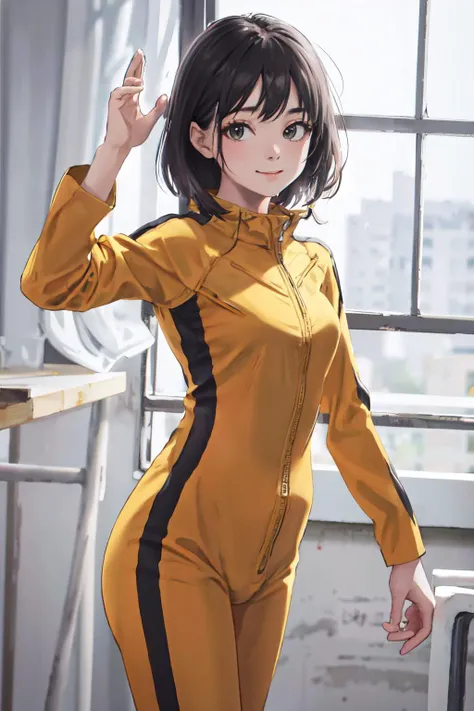 (best quality, masterpiece, RAW photo,ultra-detailed:1.2), <lyco:GoodHands-beta2:1.0>,1girl,solo,looking at viewer,smile <lyco:BruceLee's_JumpsuitV1[bruceleejumpsuit]:1.0>bruceleejumpsuit