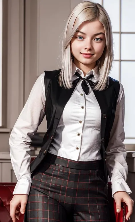 embedding:bianca-bell-step00001100 wearing long chequered trousers, a waistcoat and black suit jacket with a tie, elegant, face