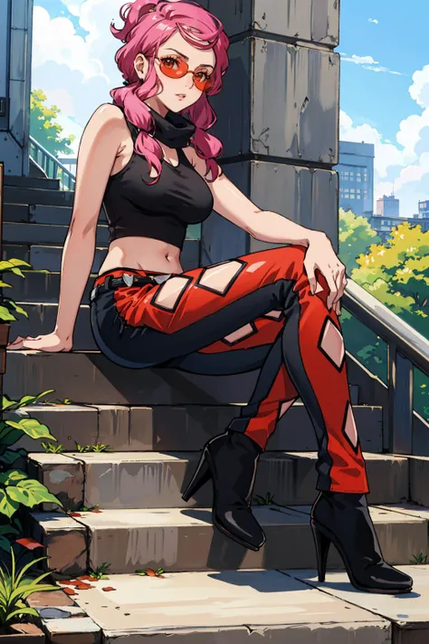masterpiece, best quality, malva, sunglasses, black crop top, sleeveless, belt, pants, high heels, large breasts, from side, looking at viewer, sitting, city, stairs <lora:malva-nvwls-v1-000012:0.9>