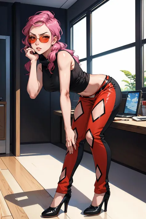 masterpiece, best quality, malva, sunglasses, black crop top, sleeveless, belt, pants, high heels, leaning forward, looking at viewer, pov, furrowed brow, bored, office, from below <lora:malva-nvwls-v1-000012:0.9>