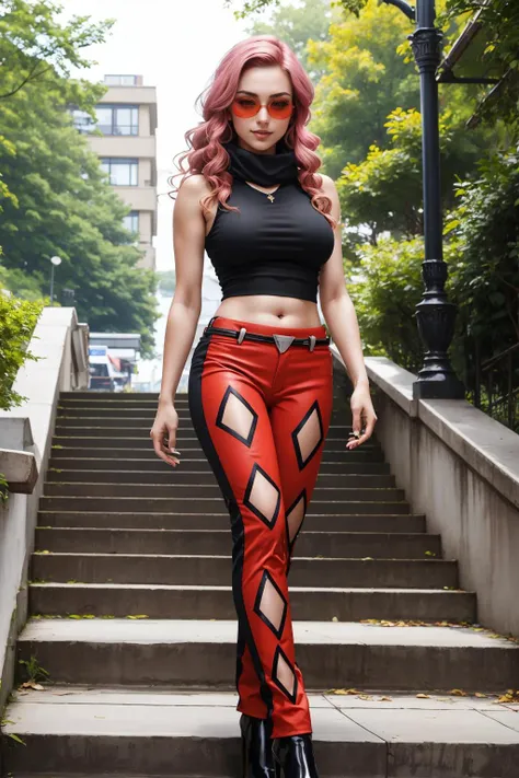 masterpiece, best quality, malva, sunglasses, black crop top, sleeveless, belt, pants, high heels, large breasts, looking at viewer, smirk, city, stairs, walking <lora:malva-nvwls-v1-000012:0.9>