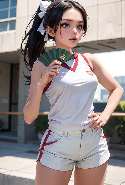 (masterpiece, best quality), 1girl, <lora:kongoumitsuko:0.8>1girl,(ponytail,white ribbon,hair ribbon:1.2),long hair,purple eyes, gym uniform,white shirt,sleeveless,short shorts,white shorts,, hand fan, folding fan, paper fan,
