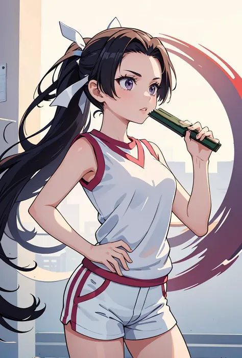 (masterpiece, best quality), 1girl, <lora:kongoumitsuko:0.8>1girl,(ponytail,white ribbon,hair ribbon:1.2),long hair,purple eyes, gym uniform,white shirt,sleeveless,short shorts,white shorts,, hand fan, folding fan, paper fan,