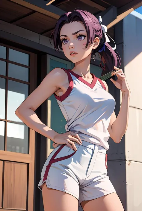 (masterpiece, best quality), 1girl, <lora:kongoumitsuko:0.8>1girl,(ponytail,white ribbon,hair ribbon:1.2),long hair,purple eyes, gym uniform,white shirt,sleeveless,short shorts,white shorts,, hand fan, folding fan, paper fan,