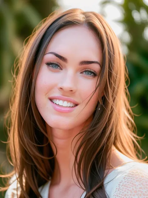 Megan Fox, RAW photo , Close up shot,  Fine clothes, front facing, pale skin, innocent smile, (detailed face), (detailed skin), intricate details, shallow depth of field, cinematic lighting,, photographed on a Canon EOS R5, HDR, 8k resolution, smiling, Day time,   <lyco:Megan Fox:1.0> fancy hair styled,