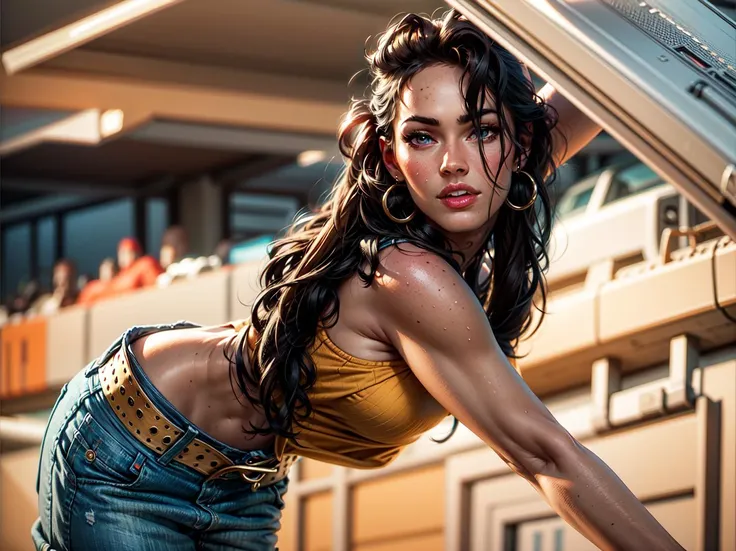 1girl, solo, Megan Fox,8k, best quality, masterpilece:1.2, perfect fae, perfect eyes, perfect hands,realistic, car repair shop background,long hair, pants, denim, jewelry, belt, earrings, hoop earrings, jeans, orange tank top, parted lips, dark skin, brown hair, blurry, midriff, crop top, dark-skinned female, lips, <lyco:Megan Fox:1.5>