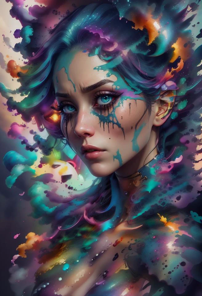 1girl, solo, picture of a beautiful dissolving woman, looking at viewer, intricate, absurdres, highest-quality, extremely-detailed, masterpiece, 8k UHD, 4k HDR, RAW photograph, film-grain, <lora:depth_of_field_slider_v1:8> <lora:EdobWomanAquarel_v1.0:0.7> <lora:ral-dissolve-sd15:0.9> ral-dissolve <lora:LowRA:0.6> <lora:color_slider_v10:3> <lora:colorful_fumes:0.7> colorful_fumes, (drips:0.7), sad, melancholic, <lora:contrast_slider_v10:-2>