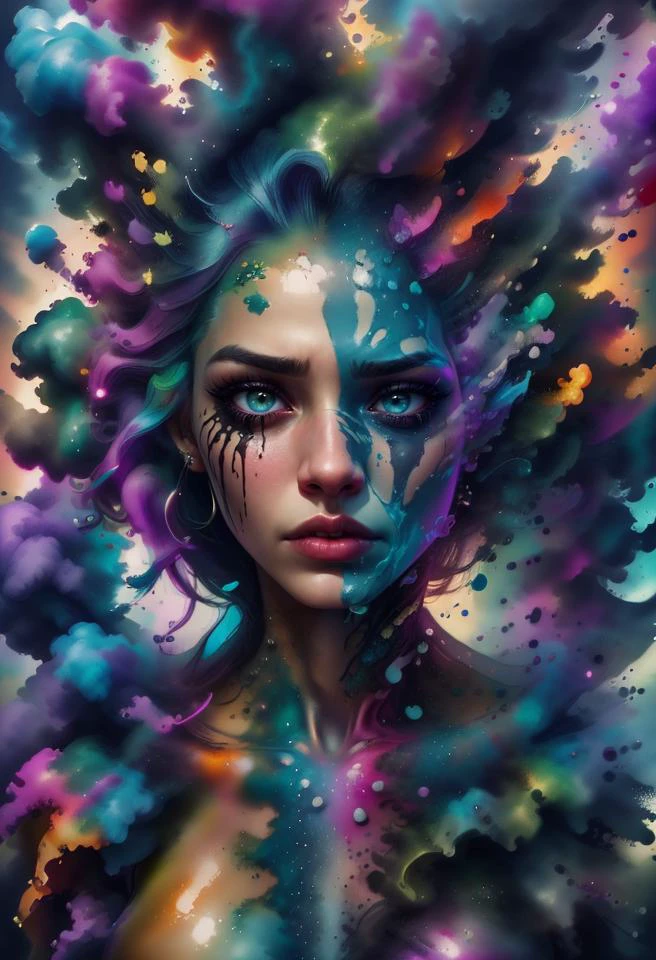 1girl, solo, picture of a beautiful dissolving woman, artistic portrait, intricate, absurdres, highest-quality, extremely-detailed, masterpiece, 8k UHD, 4k HDR, RAW photograph, film-grain, <lora:depth_of_field_slider_v1:8> <lora:EdobWomanAquarel_v1.0:0.8> <lora:ral-dissolve:0.9> ral-dissolve <lora:LowRA:0.7> <lora:color_slider_v2:3> ((dark-theme:1.3)), <lora:colorful_fumes:0.7> colorful_fumes, ((colorful-explosions:1.3)), ((drips:1.3)), sad, melancholic, corneo_runny_makeup <lora:locon_flmngprsn_v1_from_v1_64_32:1> flmngprsn