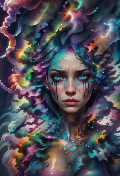 1girl, solo, picture of a beautiful dissolving woman, looking at viewer, intricate, absurdres, highest-quality, extremely-detailed, masterpiece, 8k UHD, 4k HDR, RAW photograph, film-grain, <lora:depth_of_field_slider_v1:8> <lora:EdobWomanAquarel_v1.0:0.7> <lora:ral-dissolve-sd15:0.9> ral-dissolve <lora:LowRA:0.6> <lora:color_slider_v10:3> <lora:colorful_fumes:0.7> colorful_fumes, (drips:0.7), sad, melancholic, <lora:contrast_slider_v10:-2>