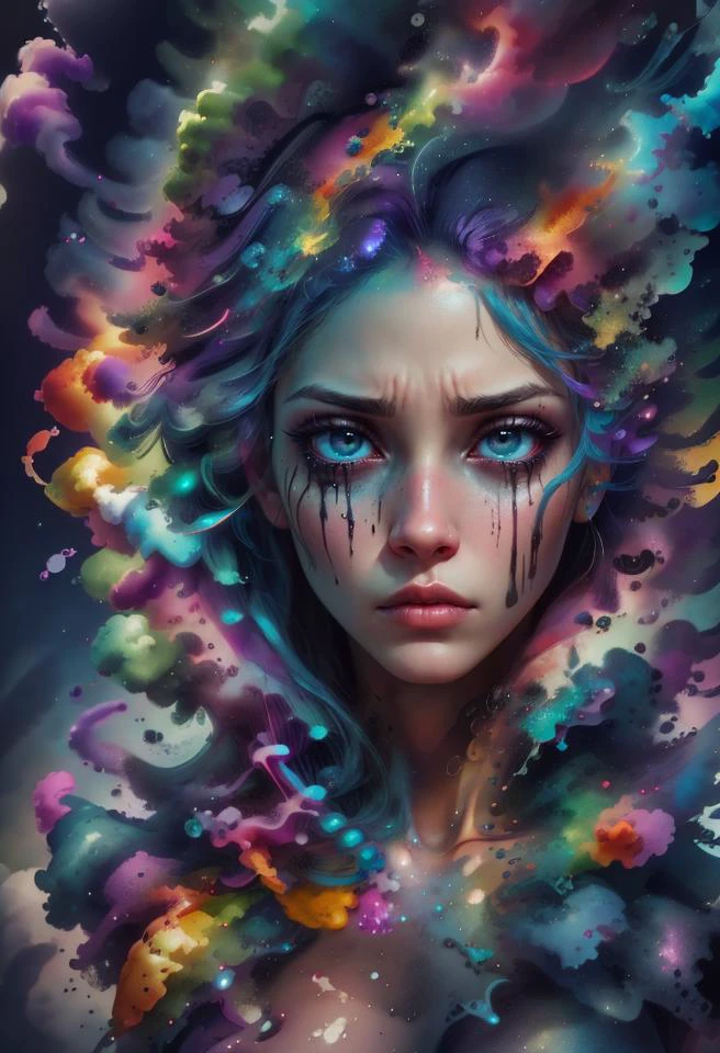 1girl, solo, picture of a beautiful dissolving woman, looking at viewer, intricate, absurdres, highest-quality, extremely-detailed, masterpiece, 8k UHD, 4k HDR, RAW photograph, film-grain, <lora:depth_of_field_slider_v1:8> <lora:EdobWomanAquarel_v1.0:0.7> <lora:ral-dissolve-sd15:0.9> ral-dissolve <lora:LowRA:0.6> <lora:color_slider_v10:3> <lora:colorful_fumes:0.7> colorful_fumes, (drips:0.7), sad, melancholic, <lora:contrast_slider_v10:-2>