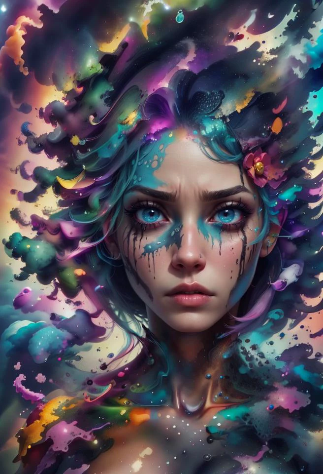 1girl, solo, picture of a beautiful dissolving woman, looking at viewer, intricate, absurdres, highest-quality, extremely-detailed, masterpiece, 8k UHD, 4k HDR, RAW photograph, film-grain, <lora:depth_of_field_slider_v1:8> <lora:EdobWomanAquarel_v1.0:0.7> <lora:ral-dissolve-sd15:0.9> ral-dissolve <lora:LowRA:0.6> <lora:color_slider_v10:3> <lora:colorful_fumes:0.7> colorful_fumes, (drips:0.7), sad, melancholic, <lora:contrast_slider_v10:-2>