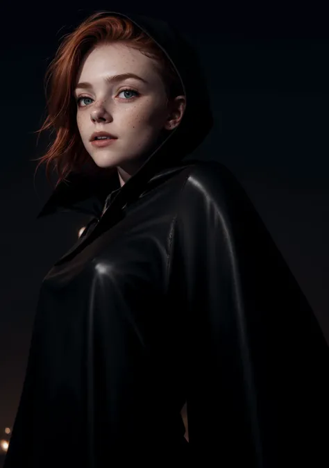 Dark theme, nighttime, black cloudy skies, KZ:1.1, a young woman in the foreground closeup, pale skin, dirty, upper body shot, wearing a black satin blouse blowing in wind, black leather pants, (black cape and hood, face in shadows), black gloves, wearing a triangle pendant necklace, (face down looking up), windswept (ginger red hair, freckles), looking past camera, BREAK, (midnight, (pitch black sky)), (windy), ((ultrarealistic, professional photography, RAW photo)) <lora:LowRA:0.2> <lora:Cosmic Rainbow V1:0.3>