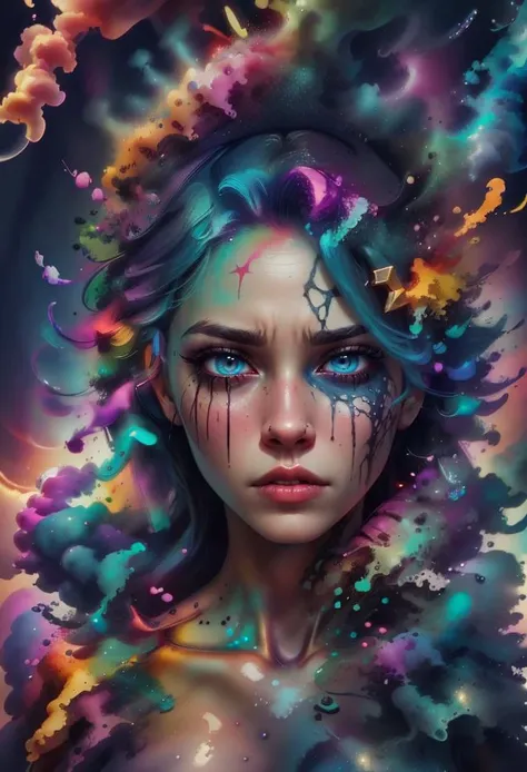 1girl, solo, picture of a beautiful dissolving woman, looking at viewer, intricate, absurdres, highest-quality, extremely-detailed, masterpiece, 8k UHD, 4k HDR, RAW photograph, film-grain, <lora:depth_of_field_slider_v1:8> <lora:EdobWomanAquarel_v1.0:0.7> <lora:ral-dissolve-sd15:0.9> ral-dissolve <lora:LowRA:0.6> <lora:color_slider_v10:3> <lora:colorful_fumes:0.7> colorful_fumes, (drips:0.7), sad, melancholic, <lora:contrast_slider_v10:-2>