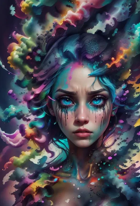 1girl, solo, picture of a beautiful dissolving woman, looking at viewer, intricate, absurdres, highest-quality, extremely-detailed, masterpiece, 8k UHD, 4k HDR, RAW photograph, film-grain, <lora:depth_of_field_slider_v1:8> <lora:EdobWomanAquarel_v1.0:0.7> <lora:ral-dissolve-sd15:0.9> ral-dissolve <lora:LowRA:0.6> <lora:color_slider_v10:3> <lora:colorful_fumes:0.7> colorful_fumes, (drips:0.7), sad, melancholic, <lora:contrast_slider_v10:-2>