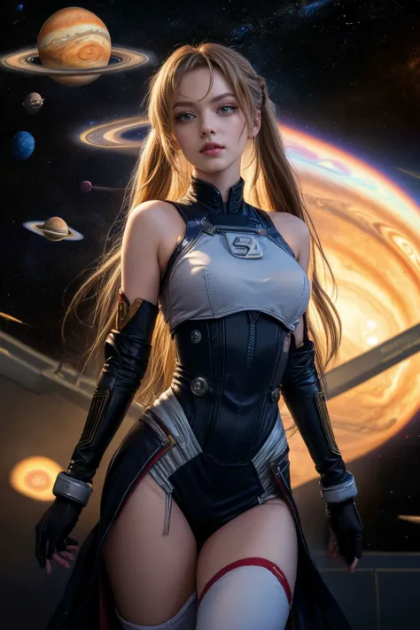 (RAW photo:1.2), (photorealistic:1.4), (masterpiece:1.3), (best quality:1.4), ultra high res, HDR, 8k resolution, 1girl, solo, ulzzang-6500-v1.1, blue low twintail, (azure blue eyes), (glowing eyes), (pale skin:1.2), red lips, grey mecha armor, cyborg, standing, (Si-Fi, Solar system, space fleet, Jupiter ascending, Saturn, fractal:1.3), <lora:chicvibe_v100:0.4>, <lora:Asuna-10:0.65>, <lora:add_detail:1>