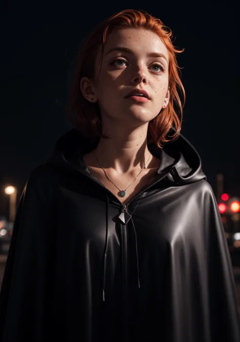 Dark theme, nighttime, black cloudy skies, KZ:1.1, a young woman in the foreground closeup, pale skin, dirty, upper body shot, wearing a black satin blouse blowing in wind, black leather pants, (black cape and hood, face in shadows), black gloves, wearing a triangle pendant necklace, (face down looking up), windswept (ginger red hair, freckles), looking past camera, BREAK, (midnight, (pitch black sky)), (windy), ((ultrarealistic, professional photography, RAW photo)) <lora:LowRA:0.2> <lora:Cosmic Rainbow V1:0.2>