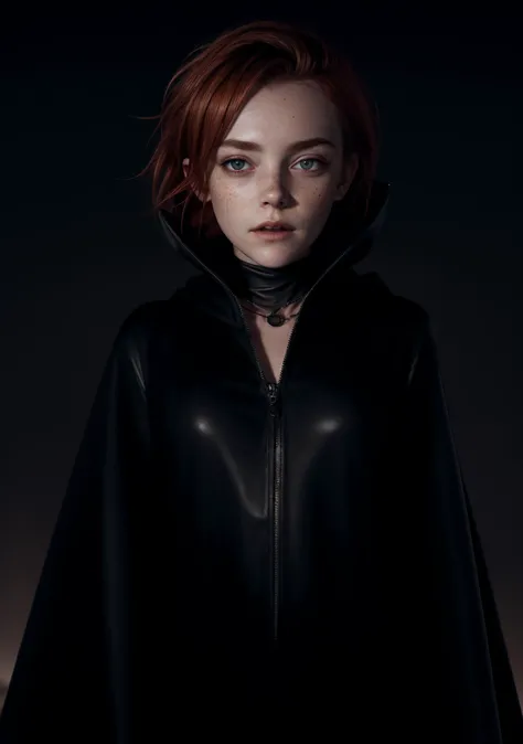 Dark theme, nighttime, black cloudy skies, KZ:1.1, a young woman in the foreground closeup, pale skin, dirty, upper body shot, wearing a black satin blouse blowing in wind, black leather pants, (black cape and hood, face in shadows), black gloves, wearing a triangle pendant necklace, (face down looking up), windswept (ginger red hair, freckles), looking past camera, BREAK, (midnight, (pitch black sky)), (windy), ((ultrarealistic, professional photography, RAW photo)) <lora:LowRA:0.2> <lora:Cosmic Rainbow V1:0.3>