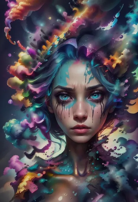 1girl, solo, picture of a beautiful dissolving woman, looking at viewer, intricate, absurdres, highest-quality, extremely-detailed, masterpiece, 8k UHD, 4k HDR, RAW photograph, film-grain, <lora:depth_of_field_slider_v1:8> <lora:EdobWomanAquarel_v1.0:0.7> <lora:ral-dissolve-sd15:0.9> ral-dissolve <lora:LowRA:0.6> <lora:color_slider_v10:3> <lora:colorful_fumes:0.7> colorful_fumes, (drips:0.7), sad, melancholic, <lora:contrast_slider_v10:-2>