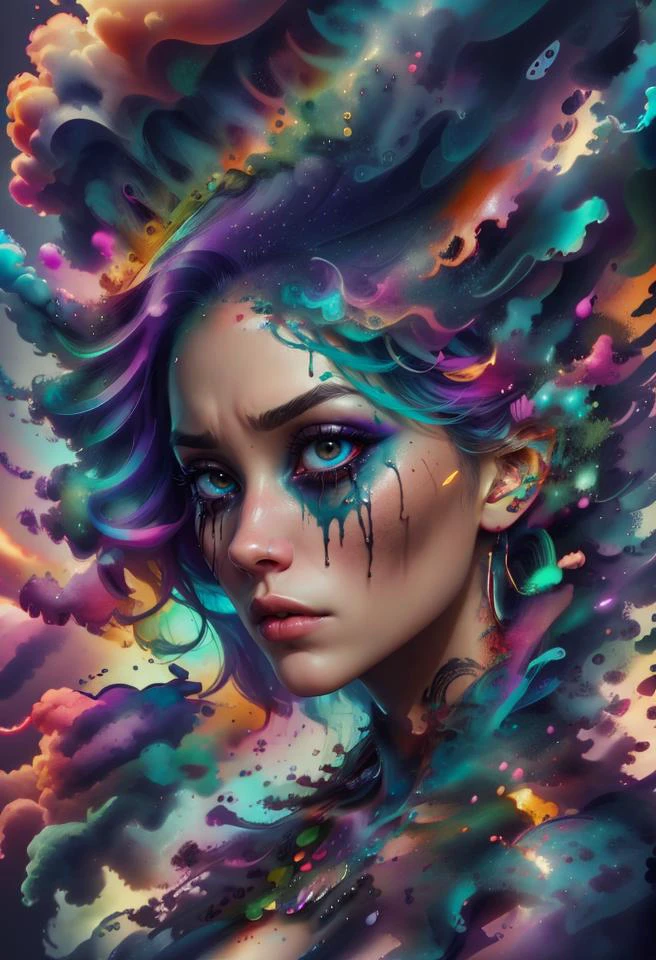 1girl, solo, picture of a beautiful dissolving woman, looking at viewer, intricate, absurdres, highest-quality, extremely-detailed, masterpiece, 8k UHD, 4k HDR, RAW photograph, film-grain, <lora:depth_of_field_slider_v1:8> <lora:EdobWomanAquarel_v1.0:0.7> <lora:ral-dissolve-sd15:0.9> ral-dissolve <lora:LowRA:0.6> <lora:color_slider_v10:3> <lora:colorful_fumes:0.7> colorful_fumes, (drips:0.7), sad, melancholic, <lora:contrast_slider_v10:-2>