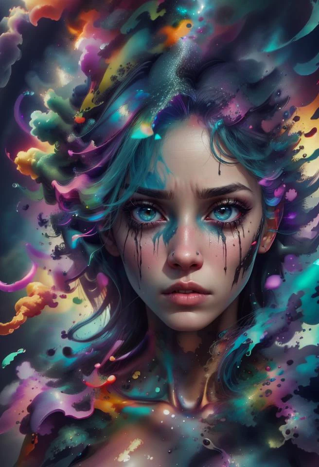1girl, solo, picture of a beautiful dissolving woman, looking at viewer, intricate, absurdres, highest-quality, extremely-detailed, masterpiece, 8k UHD, 4k HDR, RAW photograph, film-grain, <lora:depth_of_field_slider_v1:8> <lora:EdobWomanAquarel_v1.0:0.7> <lora:ral-dissolve-sd15:0.9> ral-dissolve <lora:LowRA:0.6> <lora:color_slider_v10:3> <lora:colorful_fumes:0.7> colorful_fumes, (drips:0.7), sad, melancholic, <lora:contrast_slider_v10:-2>