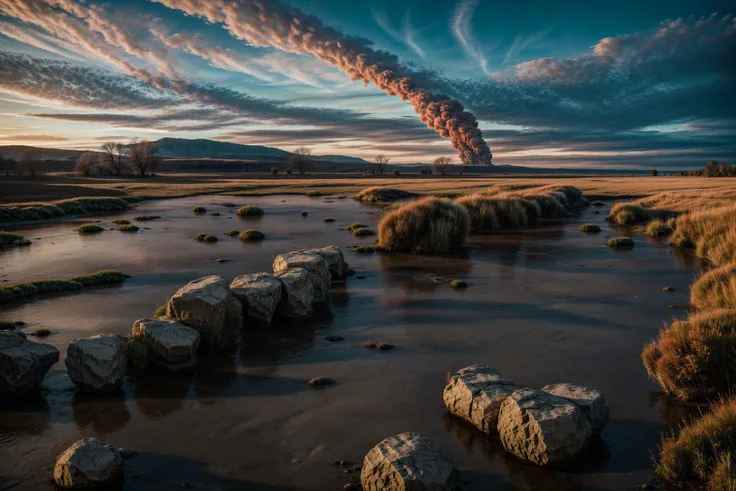 A landscape where fire-filled sky meets a watery ground, merging elements in chaos, hyperrealism oil painting, epic, Robert Frank, detailed, realistic, 8k uhd, high quality,stone on foreground, <lora:LowRA:0.15>, RAW photo, full sharp, wallpapper 8k uhd, dslr, soft lighting, high quality, film grain, Fujifilm XT3,vivid colours
<lora:more_details:1>