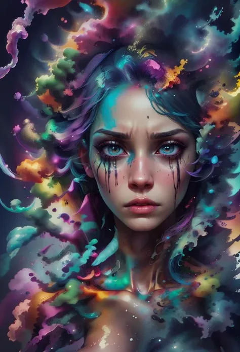 1girl, solo, picture of a beautiful dissolving woman, looking at viewer, intricate, absurdres, highest-quality, extremely-detailed, masterpiece, 8k UHD, 4k HDR, RAW photograph, film-grain, <lora:depth_of_field_slider_v1:8> <lora:EdobWomanAquarel_v1.0:0.7> <lora:ral-dissolve-sd15:0.9> ral-dissolve <lora:LowRA:0.6> <lora:color_slider_v10:3> <lora:colorful_fumes:0.7> colorful_fumes, (drips:0.7), sad, melancholic, <lora:contrast_slider_v10:-2>