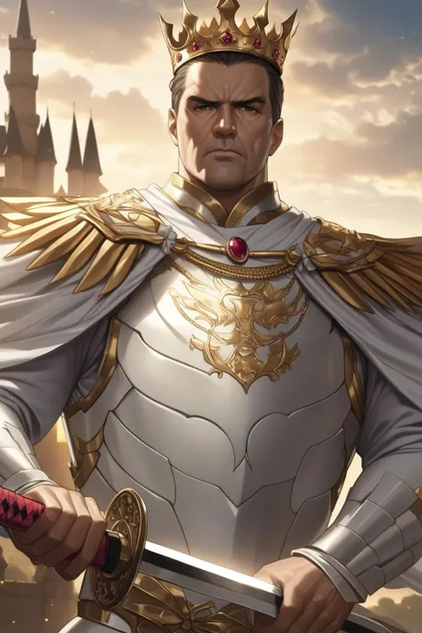 middle-aged man,solo,male focus,white armour with stars motifs,serious,standing, looking at viewer, ultra high quality, perfect lighting, <lora:Ataturk:1.5>, <lora:LowRA:0.8> ,<lora:more_details:1> ,upper body, castle,outdoors, sky, cloud,  a man holding a sword hilt with two hands,katana with white rose motif,gold king crown with rubies,