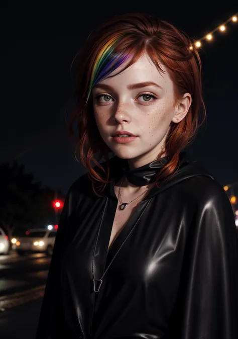 Dark theme, nighttime, black cloudy skies,  KZ:1.1, a young woman in the foreground closeup, pale skin, dirty, upper body shot, wearing a black satin blouse blowing in wind, black leather pants, (black cape and hood, face in shadows), black gloves, wearing a triangle pendant necklace, (face down looking up), windswept (ginger red hair, freckles), looking past camera, BREAK, (midnight (rainbow in background)), (windy), midnight, ((ultrarealistic, professional photography, RAW photo)) <lora:LowRA:0.2> <lora:Cosmic Rainbow V1:0.2>