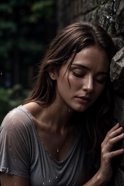 (best quality)+, (Intricate detail)+, 8k, 4k textures, ultra-sharp, ultra-high detail, photorealistic, professional photographer, artistic composition, an unhappy mother hugs her daughter and shivers in the rain, (eyes downcast)++, wet hair, eyes closed, in the ruined and burned streets of kyiv <lora:1651489307798708599:1> SkinHairDetail