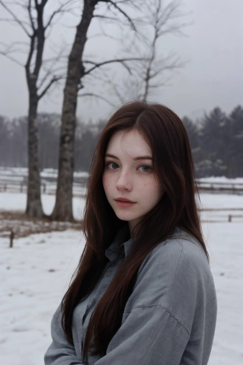 (face frame:1.2), portrait photo of a Analuk22, pale skin, ( long shirt:1.2), innocent, winter forest, fog, snow in the air, snowy, <lora:picxer_real:0.6>, <lora:LowRA_v2:0.7>
