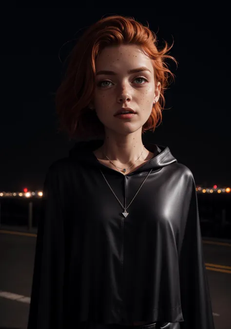 Dark theme, nighttime, black cloudy skies, KZ:1.1, a young woman in the foreground closeup, pale skin, dirty, upper body shot, wearing a black satin blouse blowing in wind, black leather pants, (black cape and hood, face in shadows), black gloves, wearing a triangle pendant necklace, (face down looking up), windswept (ginger red hair, freckles), looking past camera, BREAK, (midnight, (pitch black sky)), (windy), ((ultrarealistic, professional photography, RAW photo)) <lora:LowRA:0.2> <lora:Cosmic Rainbow V1:0.2>