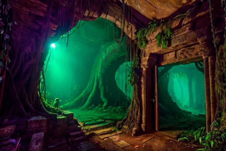 a tree growing over a building, in an ancient tomb, in a jungle environment, doorway, abandoned photograph, inspired by Keith Parkinson, yuan - ti, gnarled, clothed in ancient, tomb raider, asian features, temple oasis, underground facility, damage, doorways, trees, <lora:FantasyLandscape:.5>, <lora:LowRA:0.5> ,<lora:detailed_notrigger:1>, <lora:epiCRealismHelper:1>