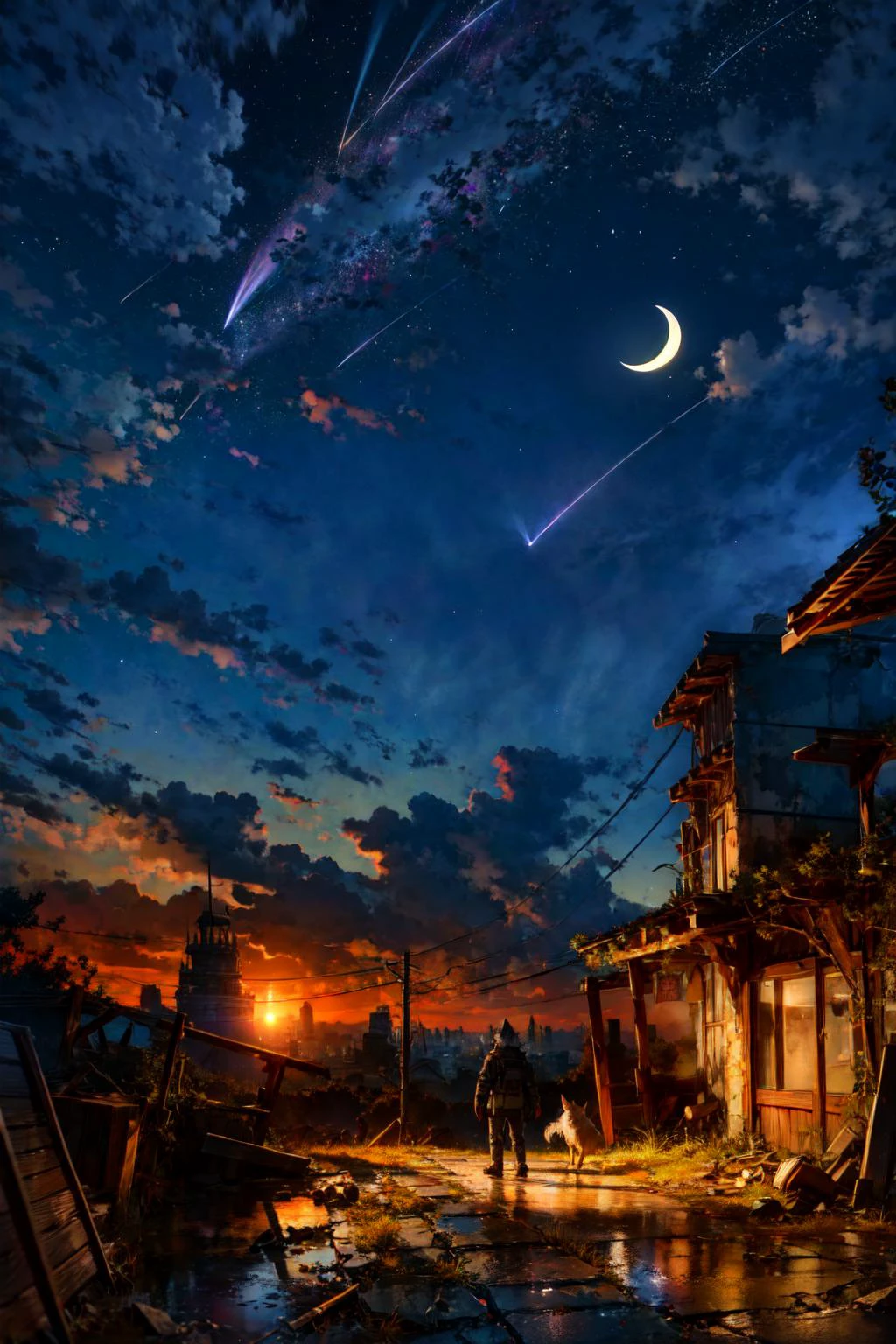 1boy, post-apocalypse, overgrown, animal, furry male, furry, wolf boy, ruins, scenery, shooting star, sky, black sky, star (sky), cityscape, night, night sky, crescent moon, moon, horizon, outdoors, standing, masterpiece, best quality, highres, official art, extremely detailed cg unity 8k wallpaper, <lora:LowRA:0.5>, <lora:flat2:-0.6>