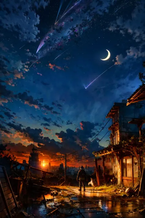1boy, post-apocalypse, overgrown, animal, furry male, furry, wolf boy, ruins, scenery, shooting star, sky, black sky, star (sky), cityscape, night, night sky, crescent moon, moon, horizon, outdoors, standing, masterpiece, best quality, highres, official art, extremely detailed cg unity 8k wallpaper, <lora:LowRA:0.5>, <lora:flat2:-0.6>
