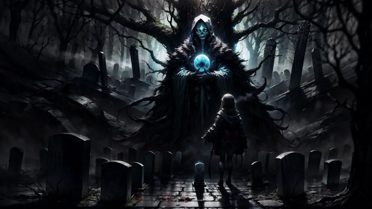 (volumetric lighting, best shadows, dark art, creepy atmosphere), surreal, (horror \(theme\):1.1), (otherwordly:1.5), BREAK, (cursed tree:1.3), (a kid in the center of a cursed graveyard:1.2), orbs of pulsating iridescence, abyss without end, nightmarish landscape, despair, terror, fear inducer, heavy fog, loneliness, specters, BREAK, (tombstones:1.3), apocalipse, doom, EdobHorrorLandscape, <lora:LowRA:0.7>, <lora:add_detail:1> , <lora:EdobHorrorLandscape_v1.0:0.1>