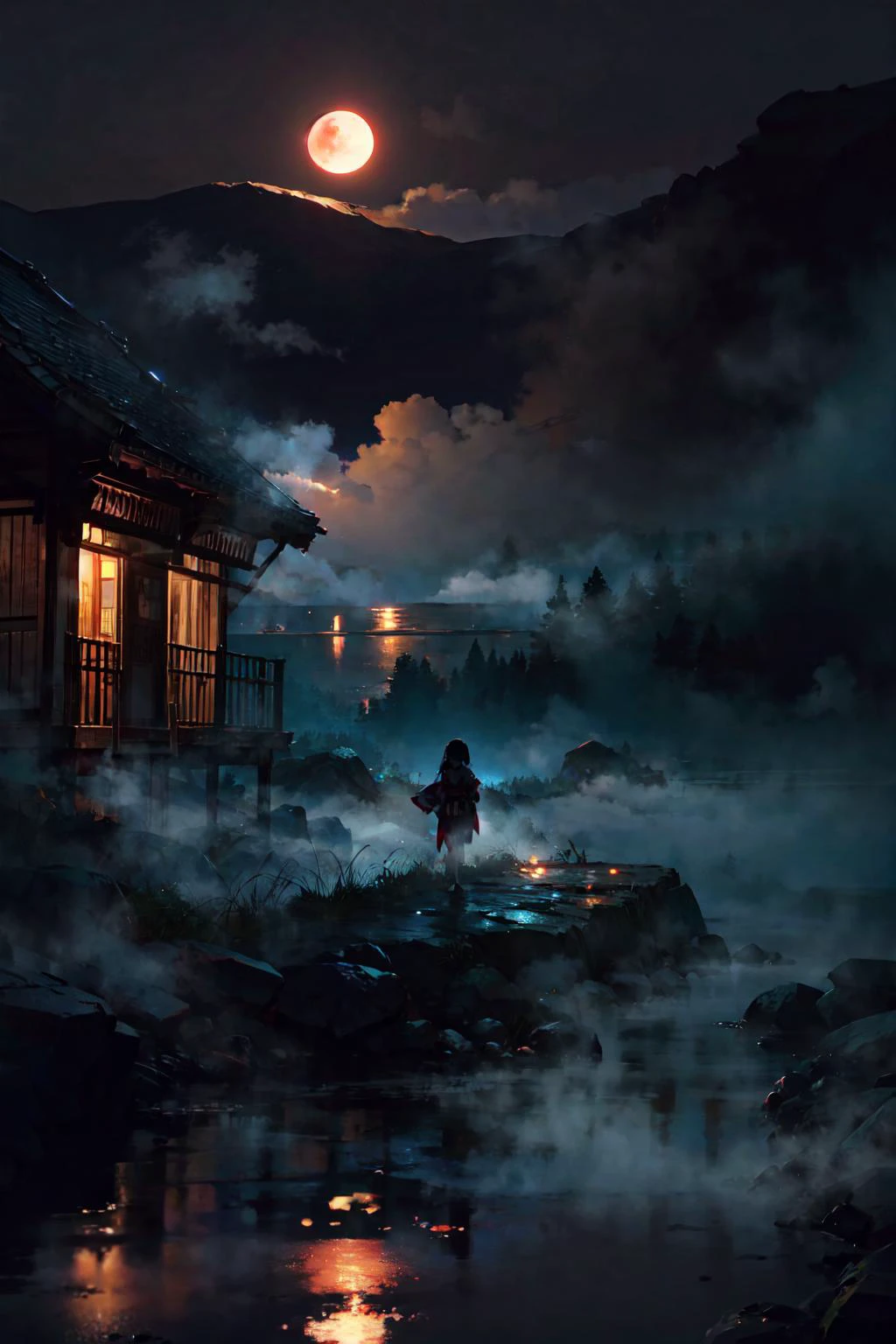 1girl, long hair, red eyes, half closed eyes, kimono, strapless, traditional architecture, night, red moon, (fog:1.4), silhouette, expressionless, ghost, fire, looking at viewer, foreground, reflection, from blow, bloody, masterpiece, best quality, absurdres, highres, <lora:LowRA:0.5>, <lora:flat2:-0.6>,