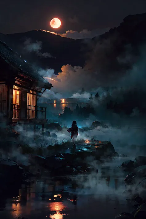 1girl, long hair, red eyes, half closed eyes, kimono, strapless, traditional architecture, night, red moon, (fog:1.4), silhouette, expressionless, ghost, fire, looking at viewer, foreground, reflection, from blow, bloody, masterpiece, best quality, absurdres, highres, <lora:LowRA:0.5>, <lora:flat2:-0.6>,