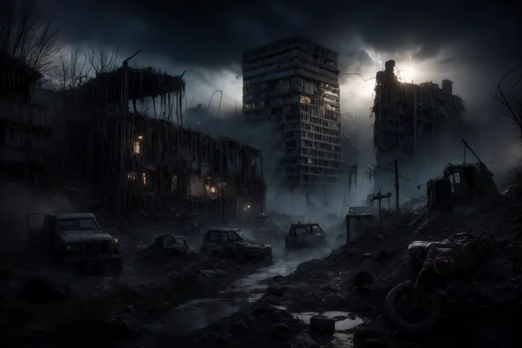 RAW photo of  wasteland(masterpiece:1.2), (best quality,:1.2), 8k, HDR, ultra detailed, ((photorealistic)), nighttime, atmospheric effects, dilapidated ruins, overgrown, dirty, water, rubble, city,  night,  epiCPhoto, <lora:Wasteland:.8>, <lora:more_details:.5> <lora:LowRA_v2:.8>, donmcr33pyn1ghtm4r3 background<lora:Creepy_Nightmare_SD1.5_version:.5>