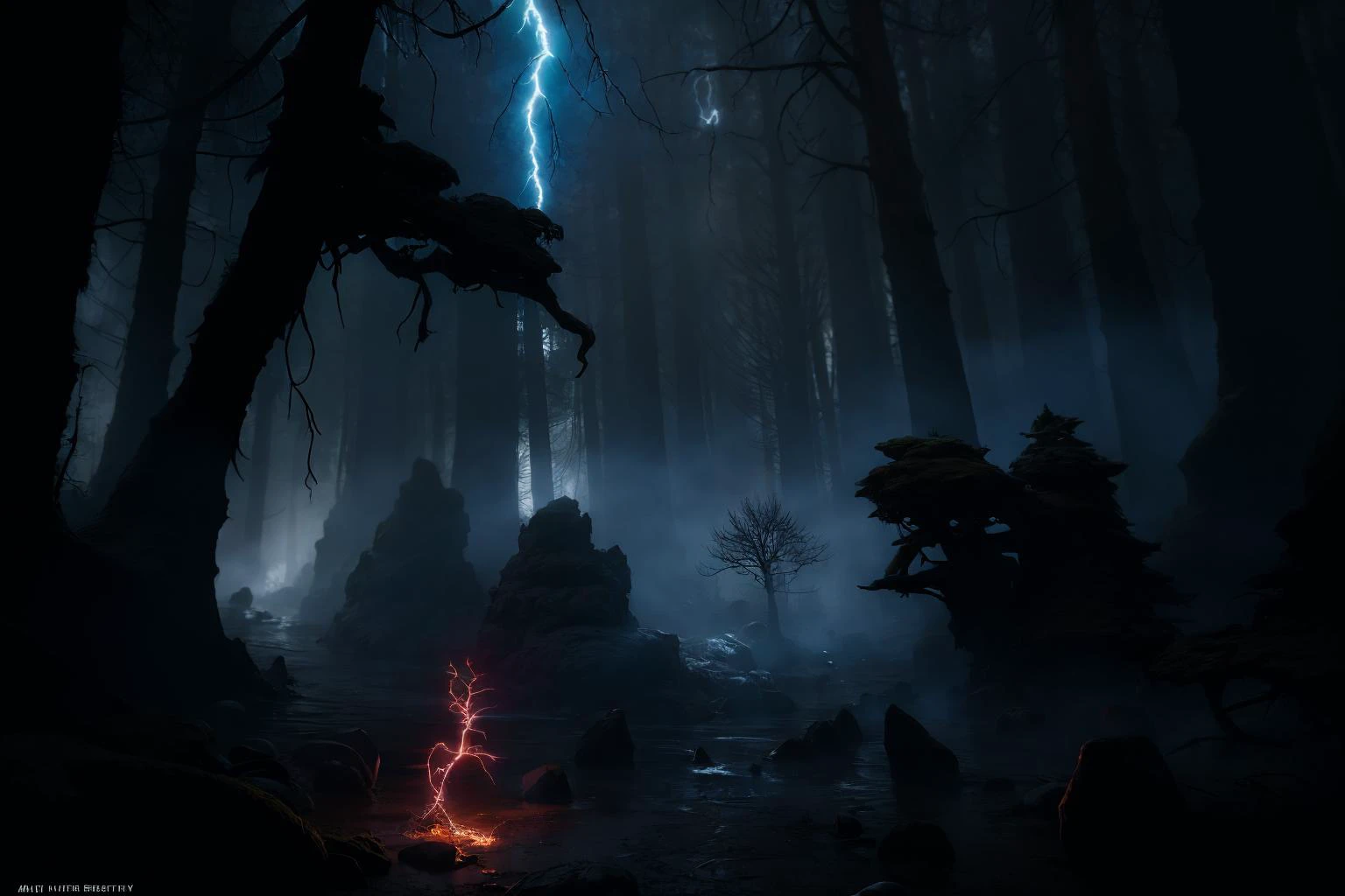 RAW photo of lightening in a dark forest with trees and rocks in the background , Clint Cearley, magic the gathering artwork, concept art, altermodern, darkness<lora:LowRA_v2:.6> <lora:Darkness:.7>