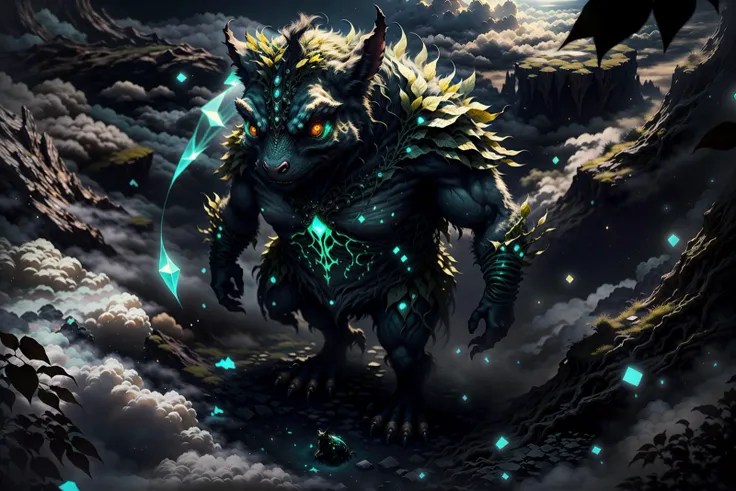 creature00d, (masterpiece, best quality), volumetric light, best shadows, ultra realistic, from above, (above clouds:1.4), (atmospheric perspective:1.3), (full body:1.3), BREAK, (giant animal:1.3), (extremely oversized animal:1.5), protecting the little ones, whimsical, (bioluminescence:1.3), nature, lush otherworldly, (intricately detailed:1.1), BREAK, naturemagic , magical energy, fantasy, mystical beast, glowing eyes, <lora:NatureMagic-20:0.8>, <lora:creature00d:0.8>, <lora:LowRA:1>,