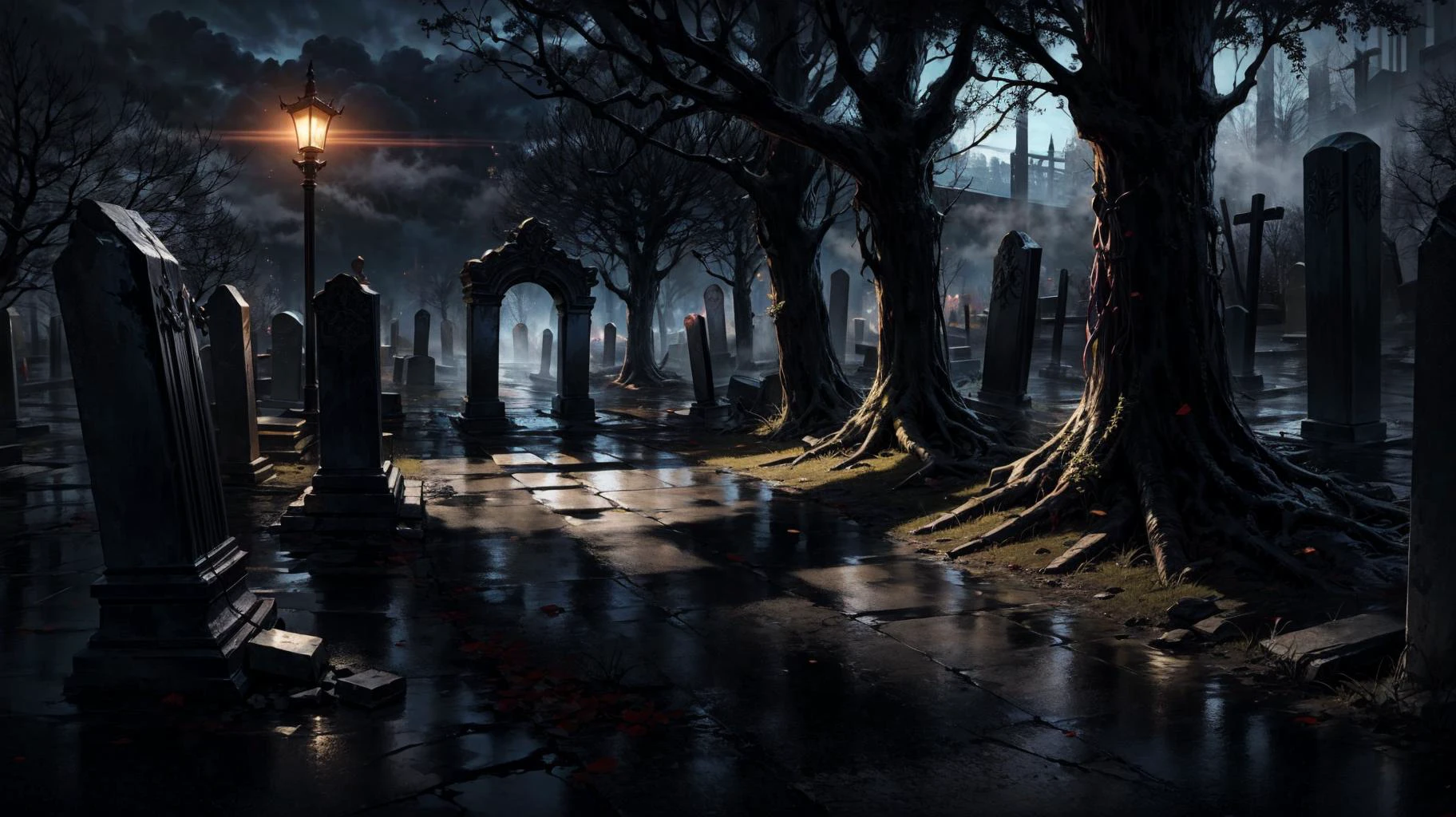 (volumetric lighting, best shadows, dark art, creepy atmosphere), surreal, BREAK, (from very far:1.4), (dead trees), (cursed cemetery:1.1), poorly lit, nightmarish landscape, air seemed to thicken and suffocate, a void that swallowed reason and sanity, fear inducer, heavy fog, loneliness, silence, tombstones, EdobHorrorLandscape, <lora:LowRA:0.8>, <lora:add_detail:1> , <lora:EdobHorrorLandscape_v1.0:0.1>